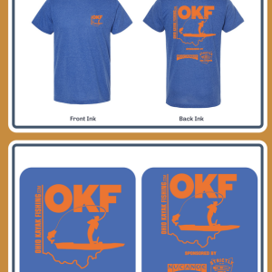 Existing blue OKF T-shirt with orange Ohio Kayak Fishing artwork, front and back views.