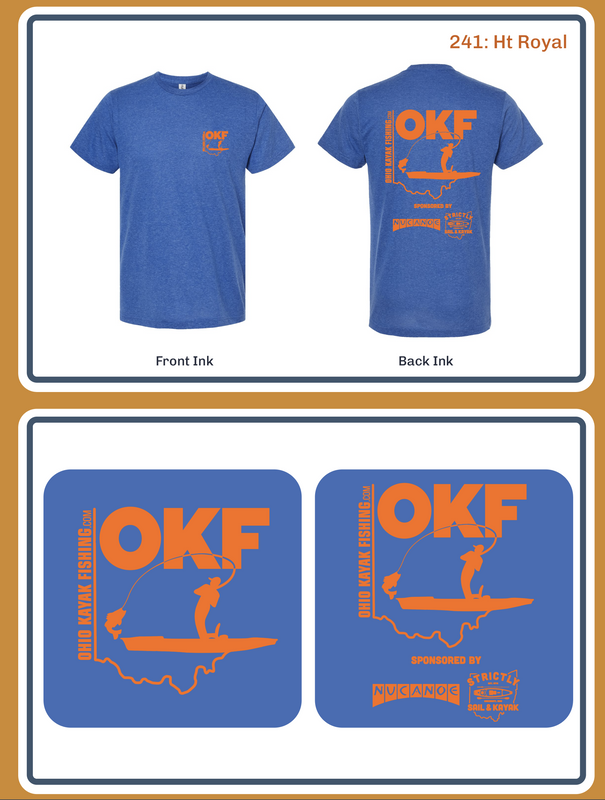 Existing blue OKF T-shirt with orange Ohio Kayak Fishing artwork, front and back views.